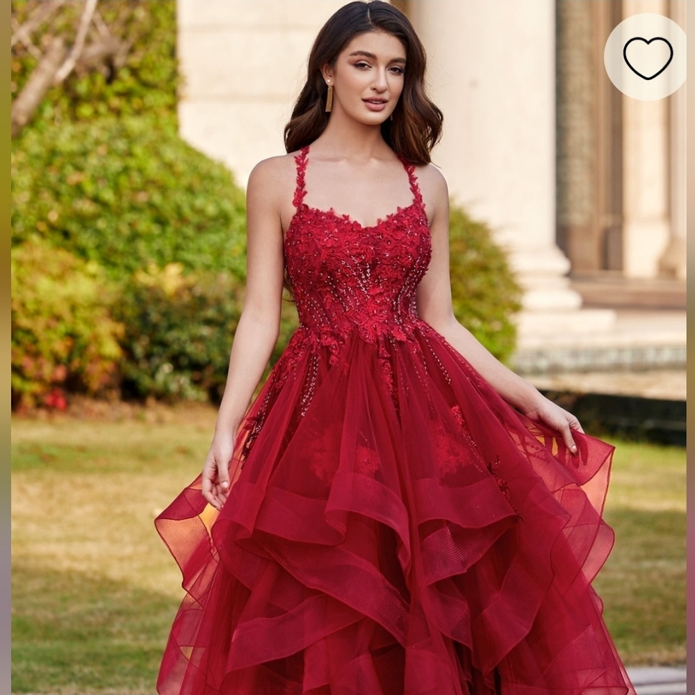 Stacees A-line Princess V Neck Floor Length Tulle Prom Dress with Ruffles Sz 18